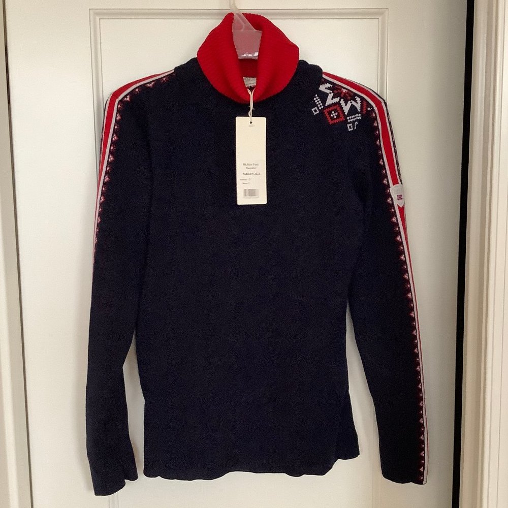 NWT Dale of Norway Mt. Aire 100% Moreno Wool Turtleneck Ski Sweater Navy & Red L